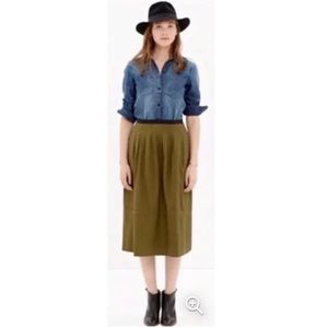 SOLD - Madewell Olive Green Pleated Midi Skirt